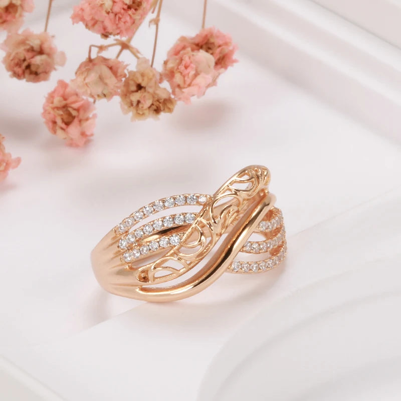 Kinel Hot Luxury 585 Rose Gold Ethnic Bride Wedding Ring Hollow Flower Natural Zircon Women Rings Trend Daily Vintage Jewelry