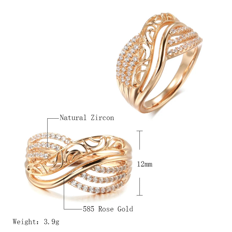 Kinel Hot Luxury 585 Rose Gold Ethnic Bride Wedding Ring Hollow Flower Natural Zircon Women Rings Trend Daily Vintage Jewelry