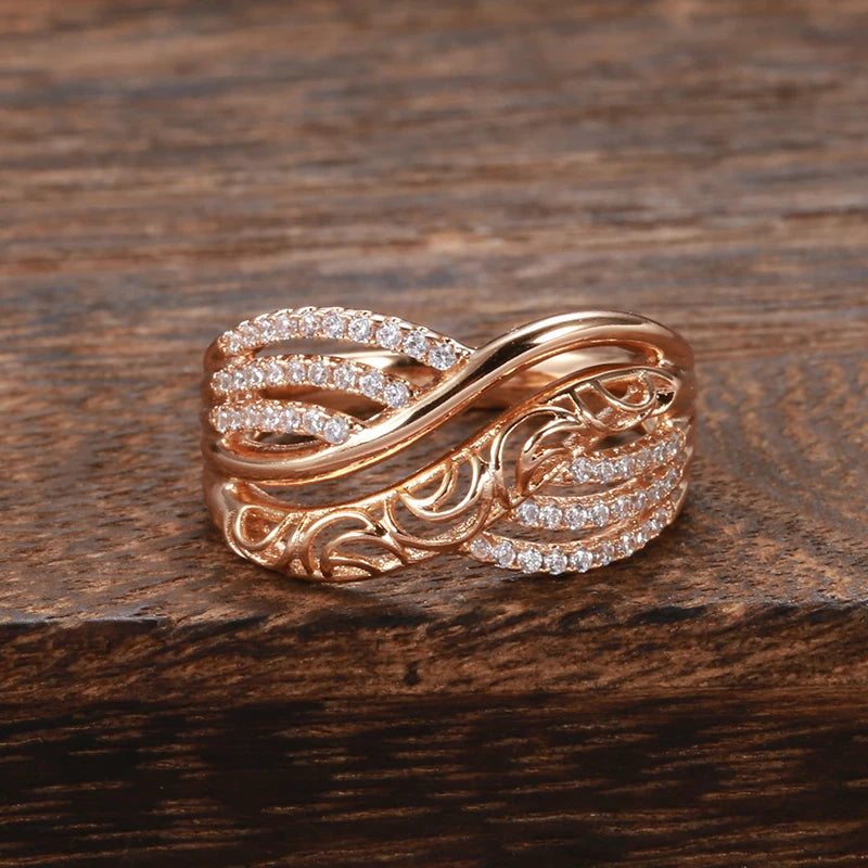 Kinel Hot Luxury 585 Rose Gold Ethnic Bride Wedding Ring Hollow Flower Natural Zircon Women Rings Trend Daily Vintage Jewelry