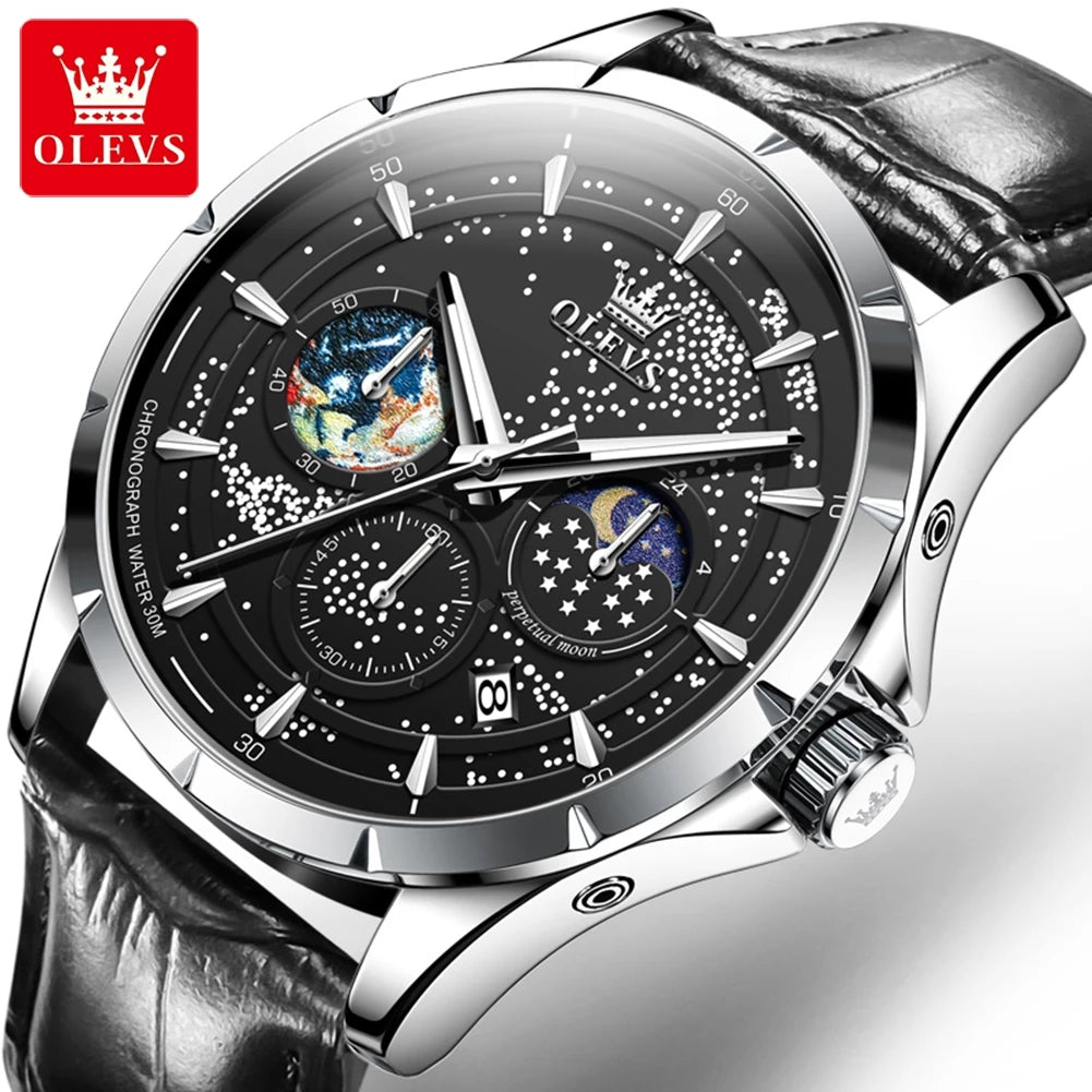 OLEVS 5538 Starry Sky Moon Phase Man Watch Chronograph Waterproof Auto Date Men Wristwatch Luxury Original Quartz Watch for Men