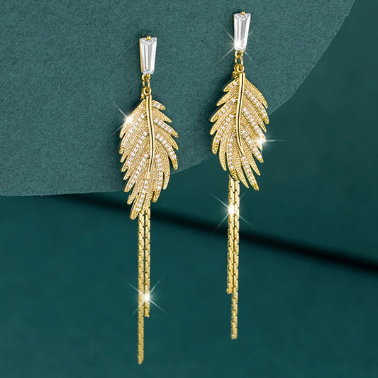 Luxus 14 Karat Reales Gold Überzogene Blätter Quaste Ohrstecker für Frauen 2022 Trend Kubikzircon Hochzeit Schmuck kostenloser versand