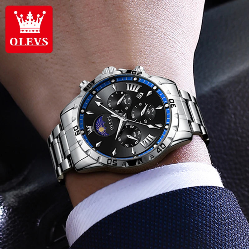 OLEVS 2949 Multi functional timing and calendar steel band men's quartz watch