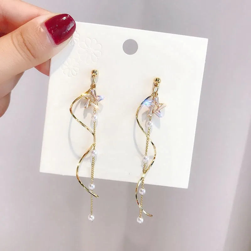Exquisite Kristall Stern Wellenförmige Lange Quaste Tropfen Ohrringe für Frauen Mode Imitation Perle Kette Baumeln Ohrring Schmuck Geschenk