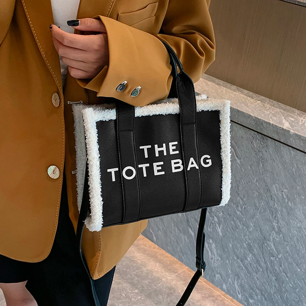 Winter Khaki Tote Tasche PU Leder Weibliche Handtaschen Weiche Lamm Wolle Nähte Top-Griff Taschen Mode Kleine Umhängetaschen Geldbörse