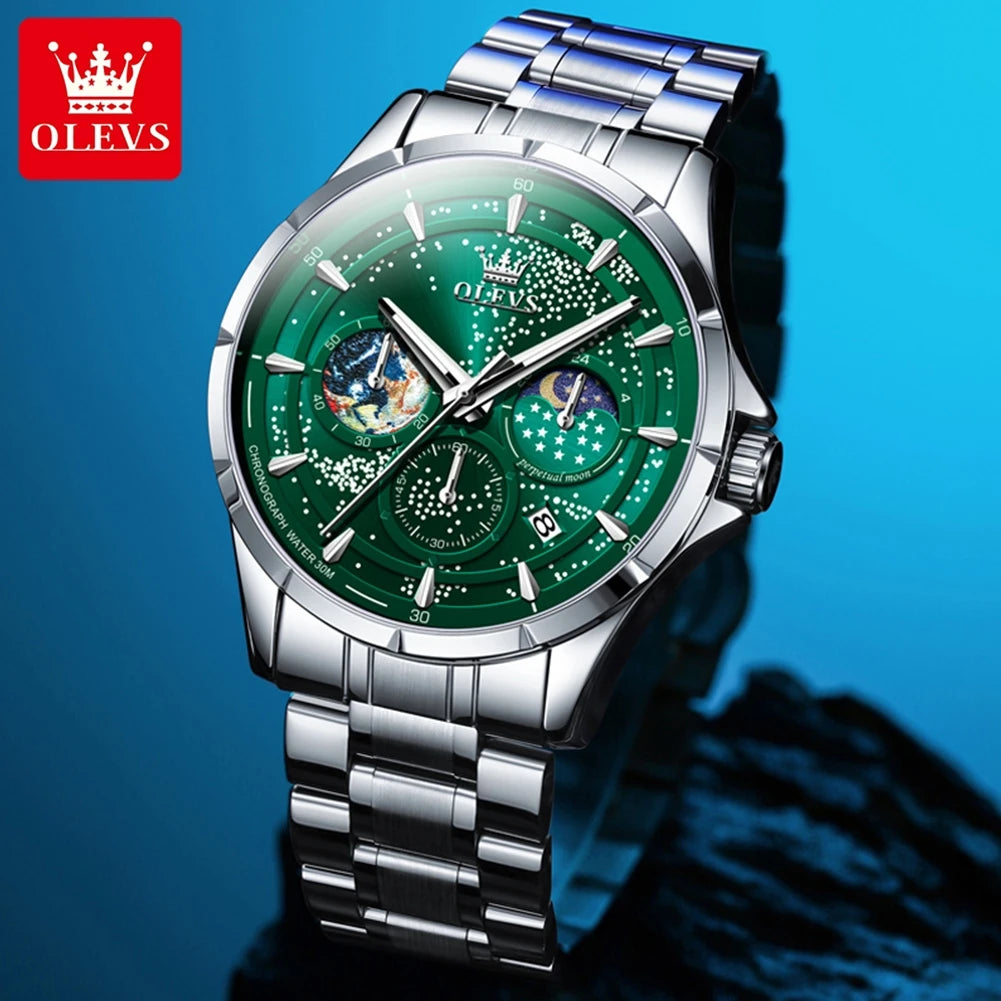 OLEVS 5538 Starry Sky Moon Phase Man Watch Chronograph Waterproof Auto Date Men Wristwatch Luxury Original Quartz Watch for Men