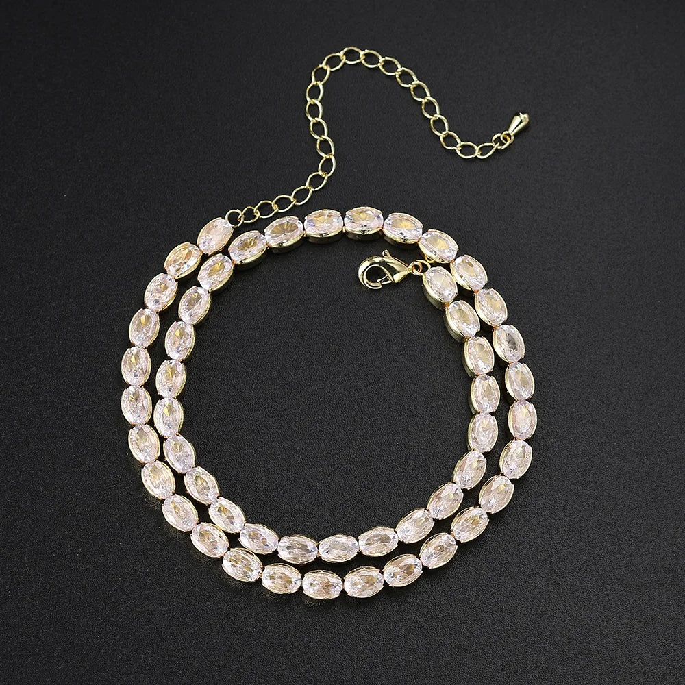 Dainty Oval Crystal Tennis Choker Necklace for Women Dazzling Zirconia Gold Color Collar Chain On Neck Wedding Fashion Jewelry