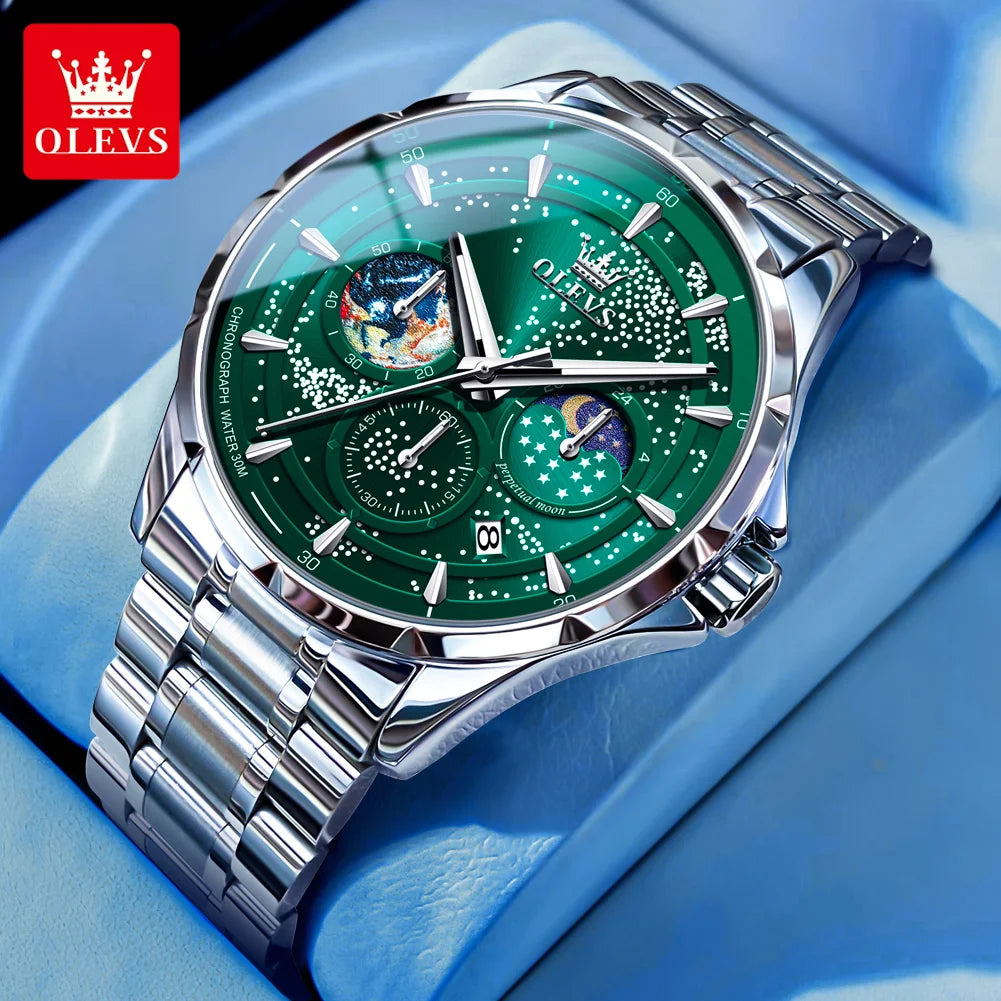 OLEVS 5538 Starry Sky Moon Phase Man Watch Chronograph Waterproof Auto Date Men Wristwatch Luxury Original Quartz Watch for Men