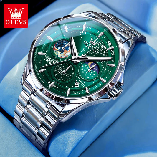 OLEVS 5538 Starry Sky Moon Phase Man Watch Chronograph Waterproof Auto Date Men Wristwatch Luxury Original Quartz Watch for Men