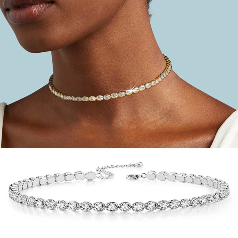 Dainty Oval Crystal Tennis Choker Necklace for Women Dazzling Zirconia Gold Color Collar Chain On Neck Wedding Fashion Jewelry
