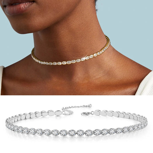 Dainty Oval Crystal Tennis Choker Necklace for Women Dazzling Zirconia Gold Color Collar Chain On Neck Wedding Fashion Jewelry