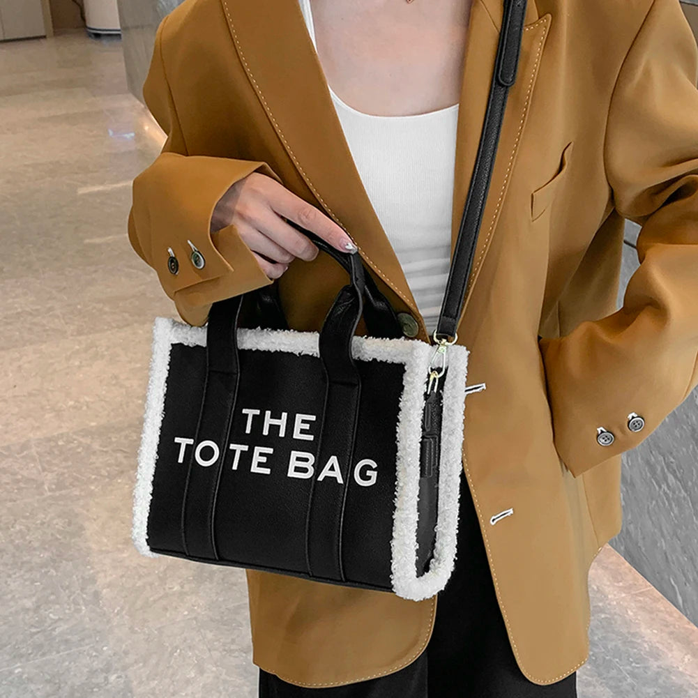 Winter Khaki Tote Tasche PU Leder Weibliche Handtaschen Weiche Lamm Wolle Nähte Top-Griff Taschen Mode Kleine Umhängetaschen Geldbörse