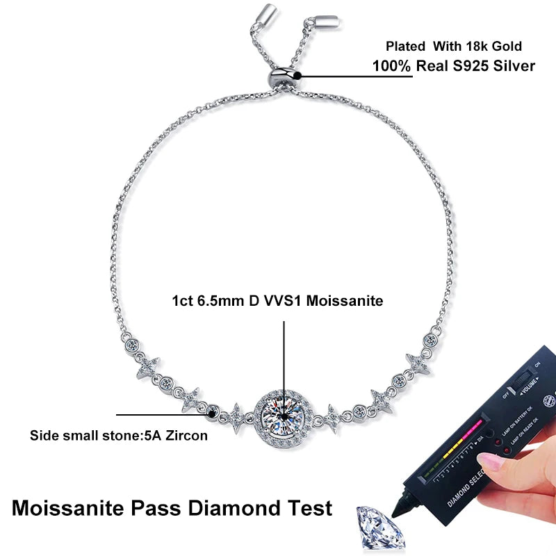 NeeTim 1ct 6.5mm Moissanite Bracelet for Women 925 Silver Sterling with 18k Gold Plated Luxury Wedding Party Bracelets with GRA