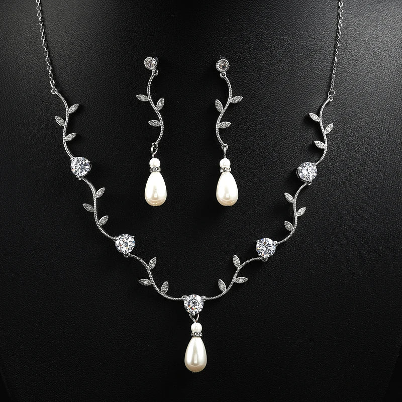 ZAKOL Classic White Rose Gold Color Cubic Zirconia Bridal Jewelry Sets Leaf Shape Choker Earrings Wedding Dress for Women