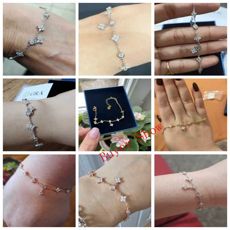 Lnngy Moissanite Bracelet With Certificate 925 Sterling Silver Four-leaf Flower Adjustable Chain Bracelets for Women 2025 Trend