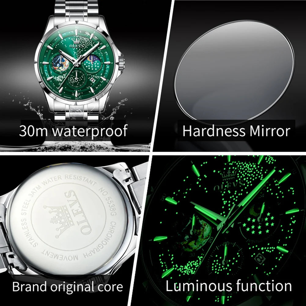 OLEVS 5538 Starry Sky Moon Phase Man Watch Chronograph Waterproof Auto Date Men Wristwatch Luxury Original Quartz Watch for Men