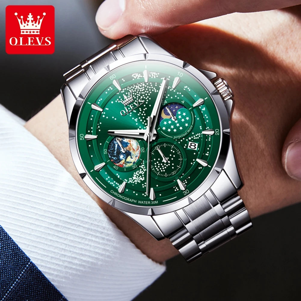 OLEVS 5538 Starry Sky Moon Phase Man Watch Chronograph Waterproof Auto Date Men Wristwatch Luxury Original Quartz Watch for Men