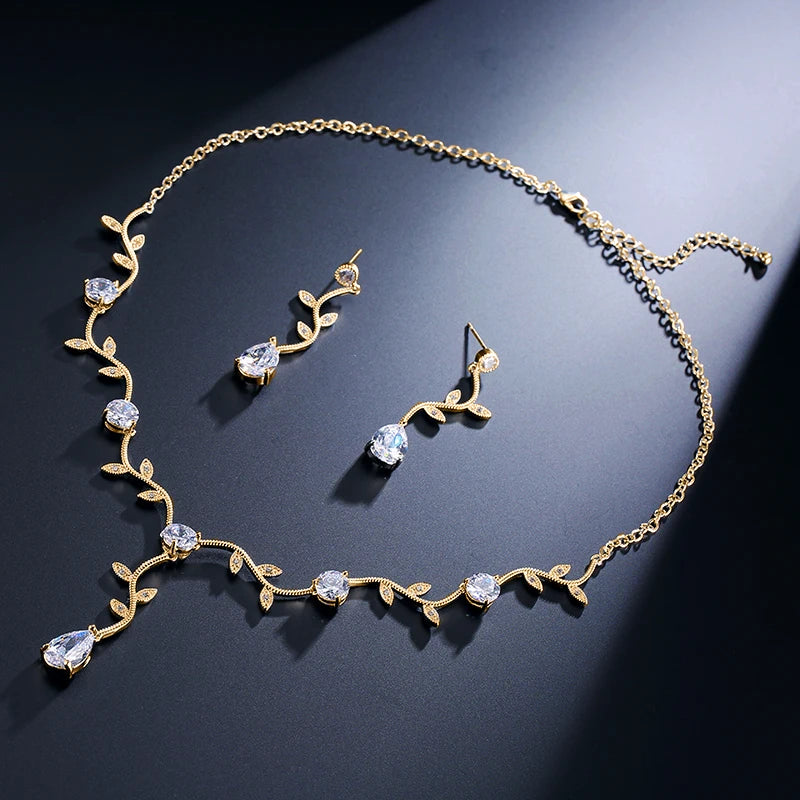 ZAKOL Classic White Rose Gold Color Cubic Zirconia Bridal Jewelry Sets Leaf Shape Choker Earrings Wedding Dress for Women