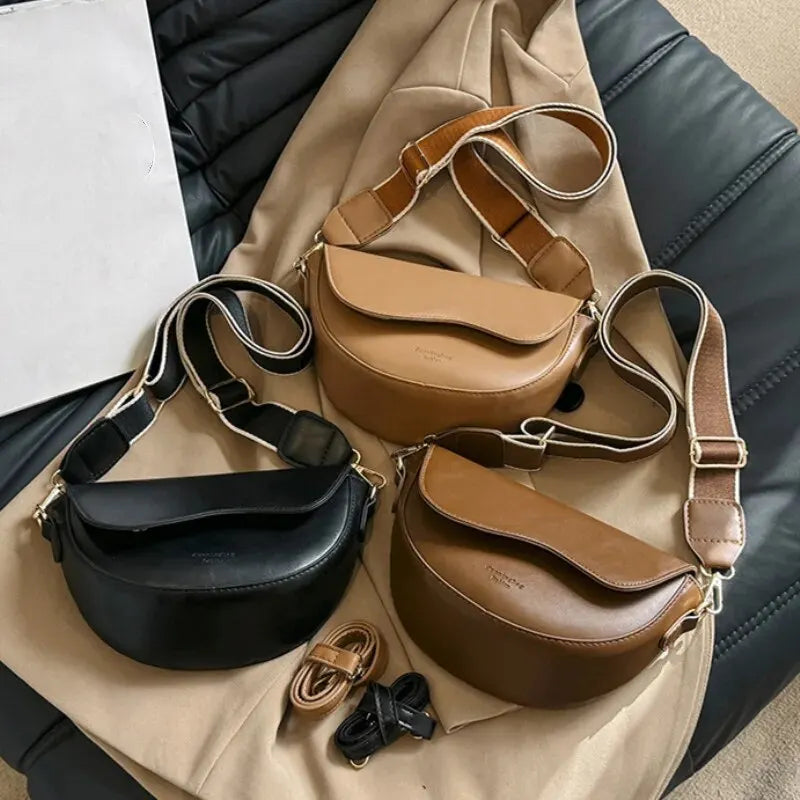 Frauen Vintage Einfarbig Klappe Kleine Sattel Schulter Unterarm Tasche Mode PU Leder Breiten Riemen Umhängetasche