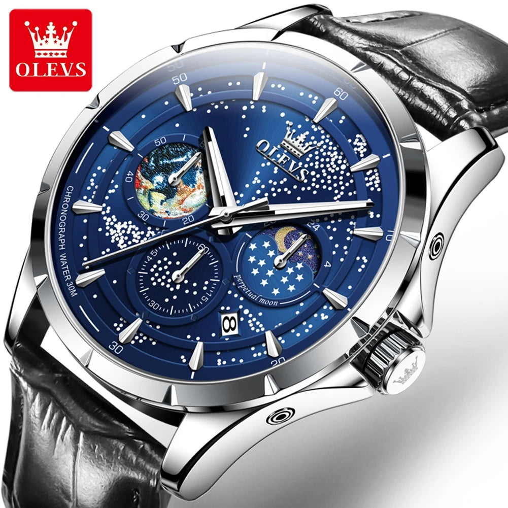 OLEVS 5538 Starry Sky Moon Phase Man Watch Chronograph Waterproof Auto Date Men Wristwatch Luxury Original Quartz Watch for Men