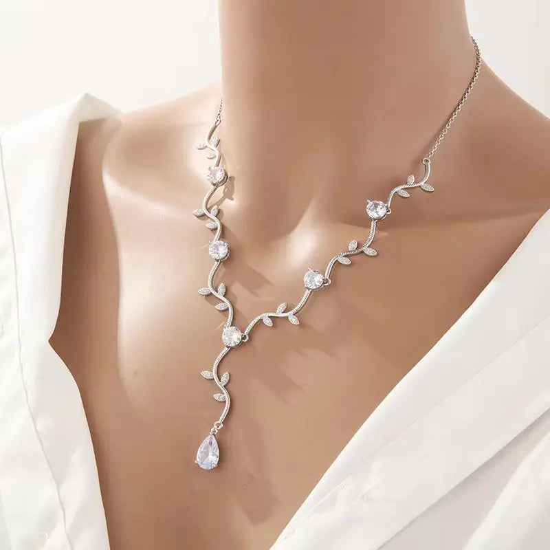 ZAKOL Classic White Rose Gold Color Cubic Zirconia Bridal Jewelry Sets Leaf Shape Choker Earrings Wedding Dress for Women
