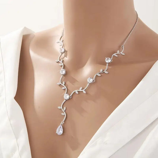 ZAKOL Classic White Rose Gold Color Cubic Zirconia  Bridal Jewelry Sets Leaf Shape Choker Earrings Wedding Dress for Women
