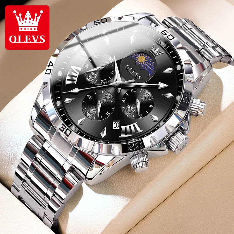 OLEVS 2949 Multi functional timing and calendar steel band men's quartz watch