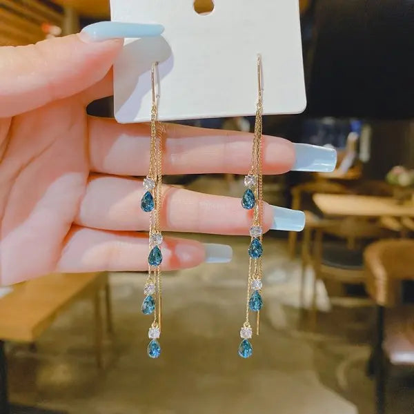 Exquisite Kristall Stern Wellenförmige Lange Quaste Tropfen Ohrringe für Frauen Mode Imitation Perle Kette Baumeln Ohrring Schmuck Geschenk