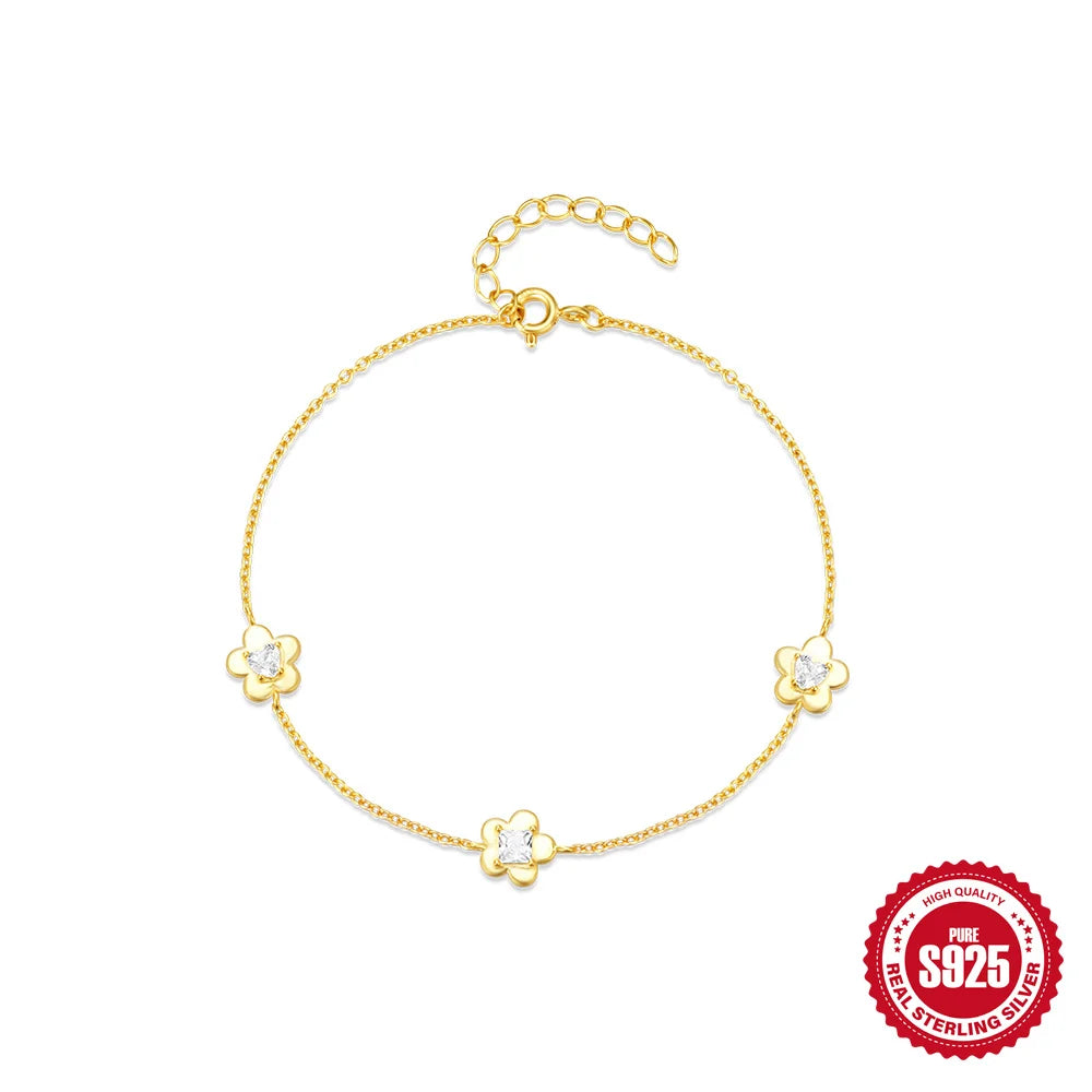 CANNER Real S925 Sterling Silver Mini Zircon Flower Pendant Bracelet Chain for Women's Fine Jewelry Gifts Gold Bracelets Bangles