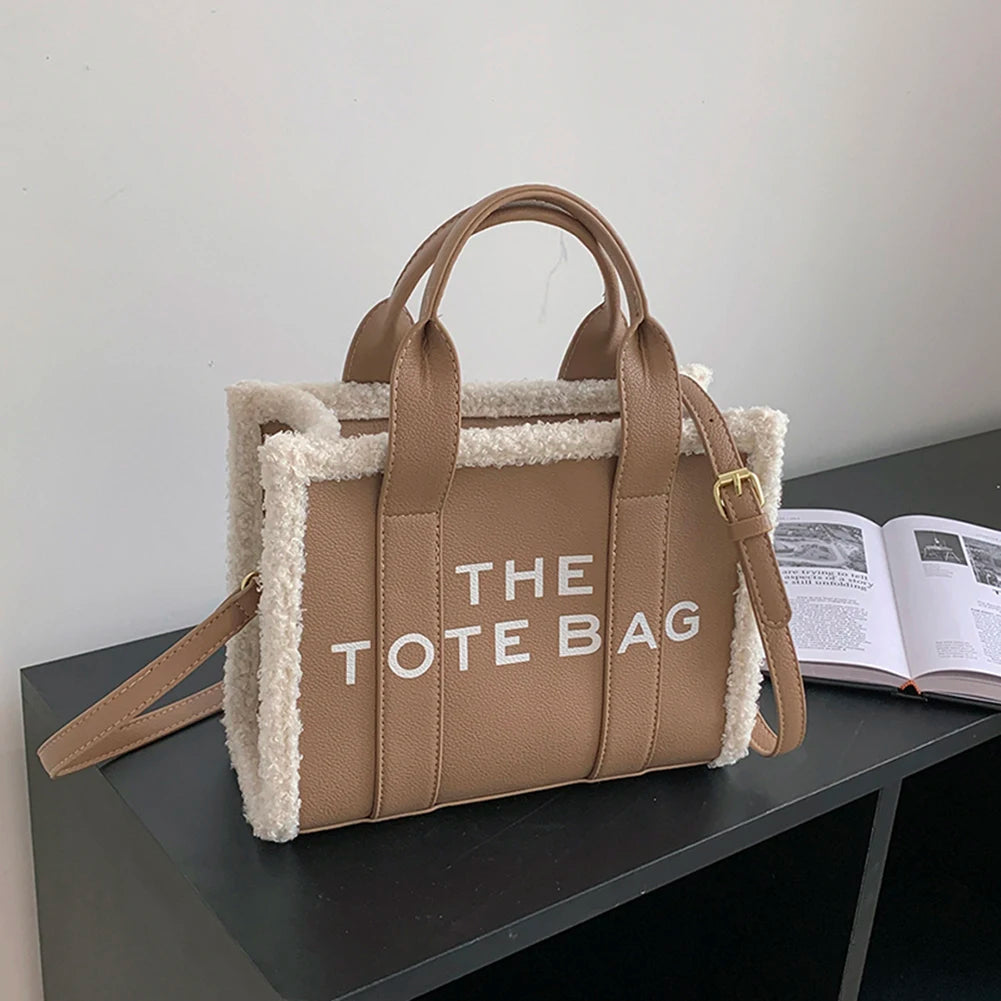 Winter Khaki Tote Tasche PU Leder Weibliche Handtaschen Weiche Lamm Wolle Nähte Top-Griff Taschen Mode Kleine Umhängetaschen Geldbörse