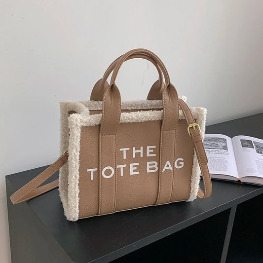 Winter Khaki Tote Tasche PU Leder Weibliche Handtaschen Weiche Lamm Wolle Nähte Top-Griff Taschen Mode Kleine Umhängetaschen Geldbörse
