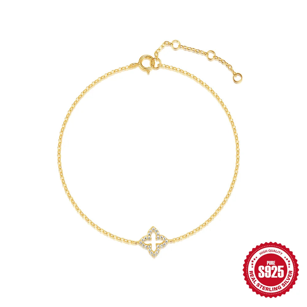 CANNER Real S925 Sterling Silver Mini Zircon Flower Pendant Bracelet Chain for Women's Fine Jewelry Gifts Gold Bracelets Bangles
