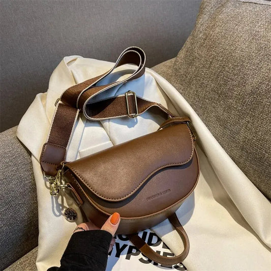 Frauen Vintage Einfarbig Klappe Kleine Sattel Schulter Unterarm Tasche Mode PU Leder Breiten Riemen Umhängetasche