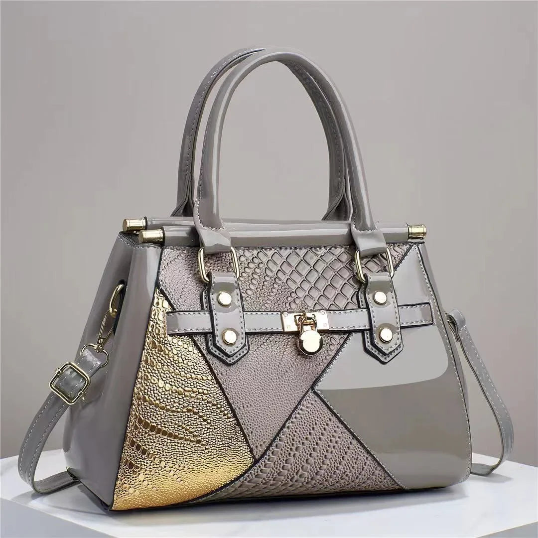 Damenhandtasche aus glänzendem Leder, hochwertige Textur, einzigartiges Design, modische Patchwork-Damentasche, Umhängetasche für die Schulter