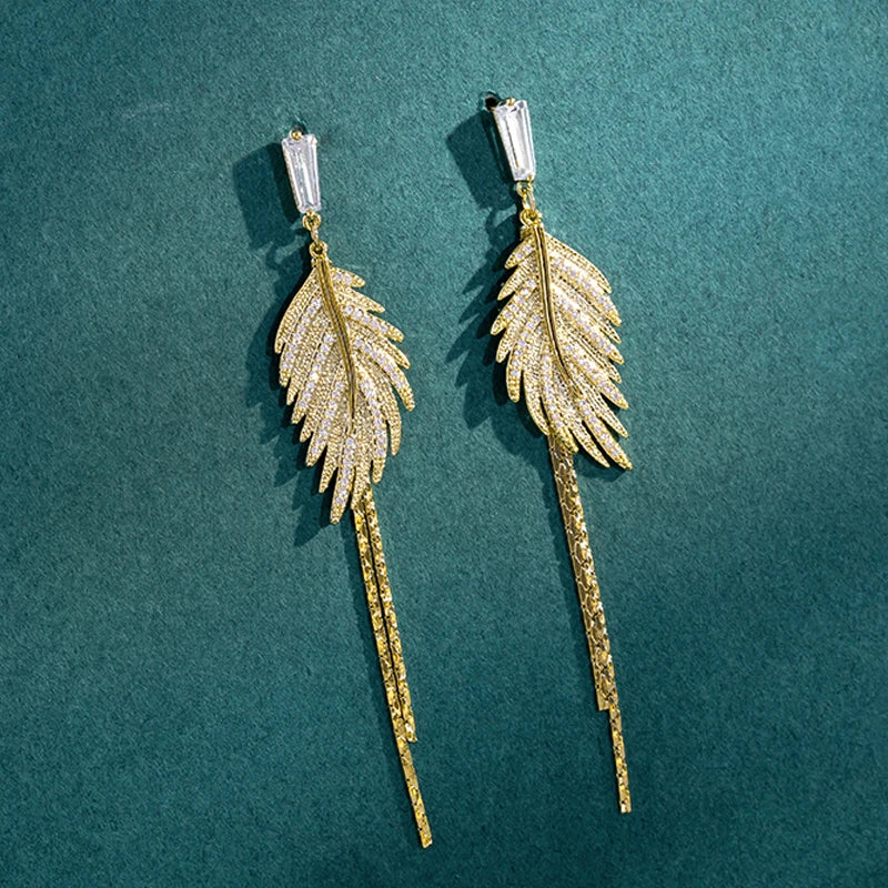 Luxus 14 Karat Reales Gold Überzogene Blätter Quaste Ohrstecker für Frauen 2022 Trend Kubikzircon Hochzeit Schmuck kostenloser versand
