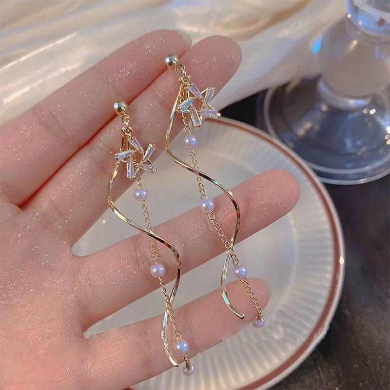 Exquisite Kristall Stern Wellenförmige Lange Quaste Tropfen Ohrringe für Frauen Mode Imitation Perle Kette Baumeln Ohrring Schmuck Geschenk