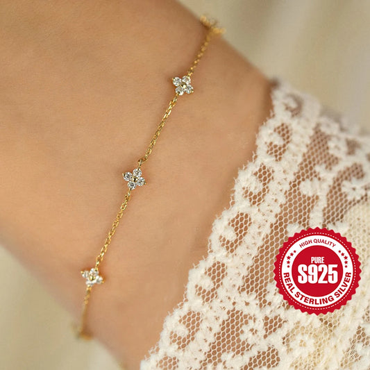 CANNER Real S925 Sterling Silver Mini Zircon Flower Pendant Bracelet Chain for Women's Fine Jewelry Gifts Gold Bracelets Bangles