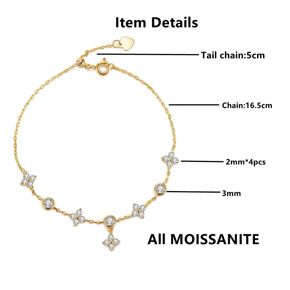 Lnngy Moissanite Bracelet With Certificate 925 Sterling Silver Four-leaf Flower Adjustable Chain Bracelets for Women 2025 Trend