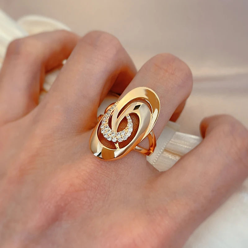 SYOUJYO Luxury Spiral Big Size Ring For Women 585 Gold Color Natural Zircon Micro Wax Inlay Party Wedding Fashion Jewelry