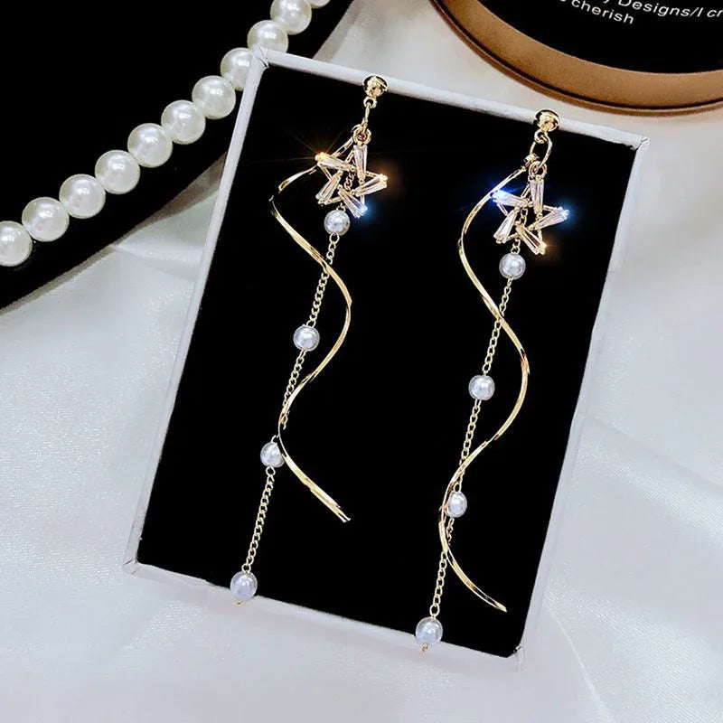 Exquisite Kristall Stern Wellenförmige Lange Quaste Tropfen Ohrringe für Frauen Mode Imitation Perle Kette Baumeln Ohrring Schmuck Geschenk