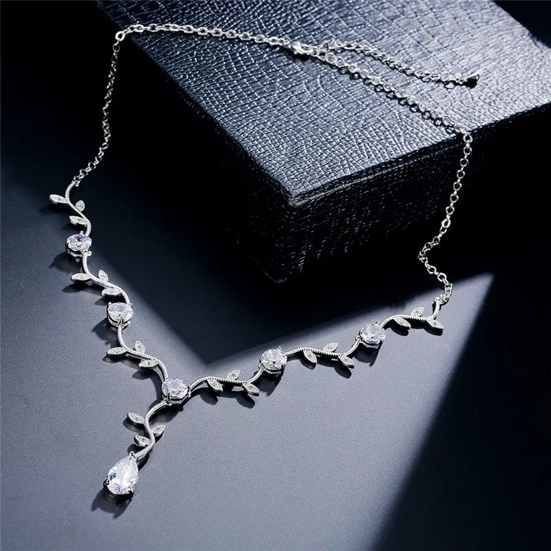 ZAKOL Classic White Rose Gold Color Cubic Zirconia Bridal Jewelry Sets Leaf Shape Choker Earrings Wedding Dress for Women