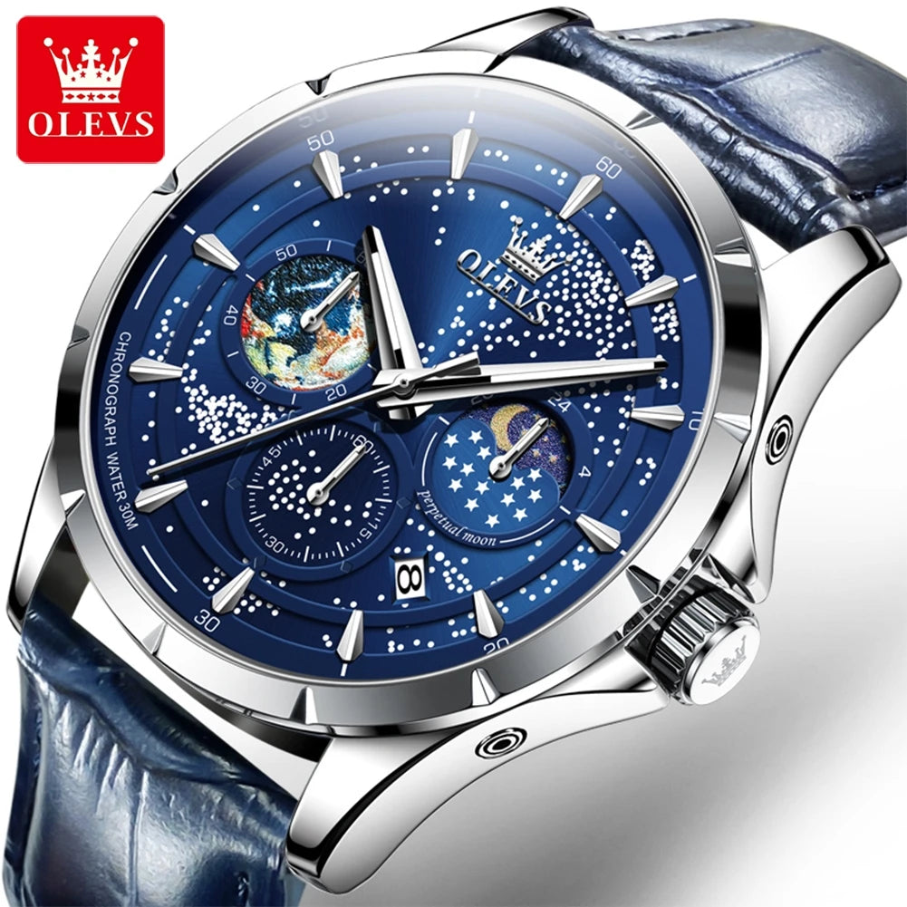 OLEVS 5538 Starry Sky Moon Phase Man Watch Chronograph Waterproof Auto Date Men Wristwatch Luxury Original Quartz Watch for Men