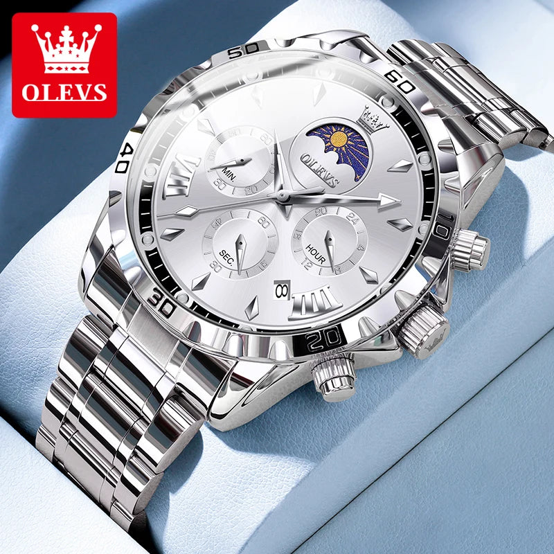 OLEVS 2949 Multi functional timing and calendar steel band men's quartz watch