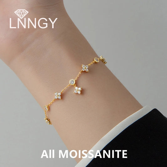 Lnngy Moissanite Bracelet With Certificate 925 Sterling Silver Four-leaf Flower Adjustable Chain Bracelets for Women 2025 Trend