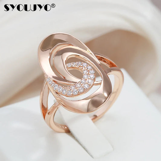 SYOUJYO Luxury Spiral Big Size Ring For Women 585 Gold Color Natural Zircon Micro Wax Inlay Party Wedding Fashion Jewelry