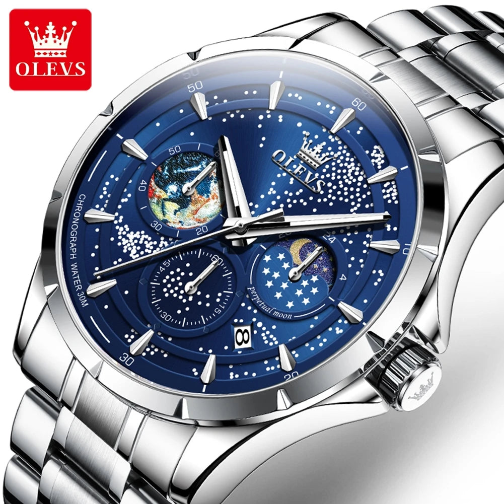 OLEVS 5538 Starry Sky Moon Phase Man Watch Chronograph Waterproof Auto Date Men Wristwatch Luxury Original Quartz Watch for Men
