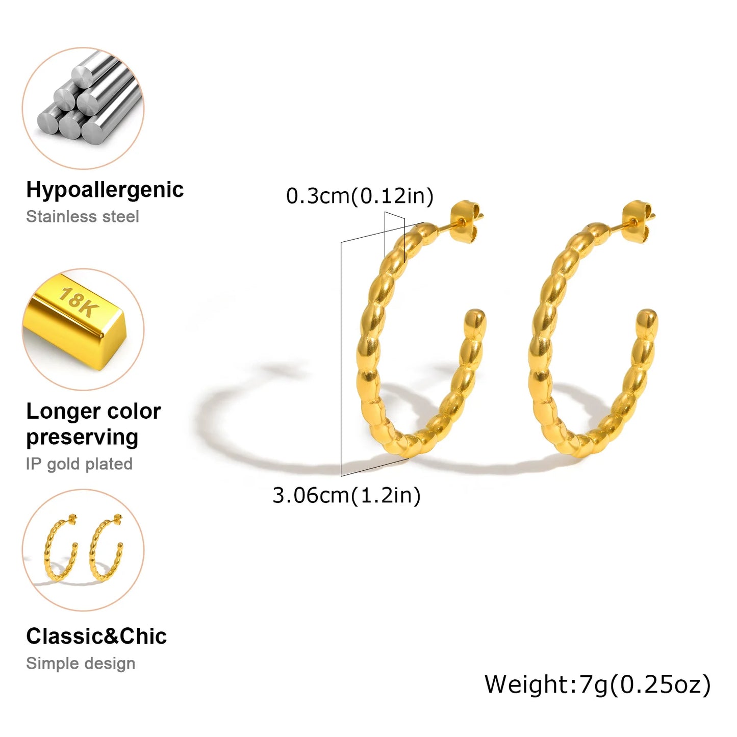 Vnox Twist Goldene Creolen für Frauen, Edelstahl, wasserdichtes Metall, C-förmig, einfacher modischer Ohrschmuck für Mädchenparty