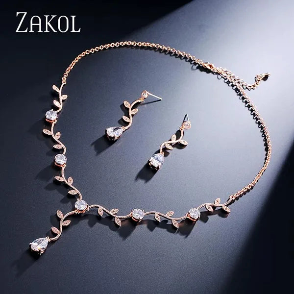 ZAKOL Classic White Rose Gold Color Cubic Zirconia Bridal Jewelry Sets Leaf Shape Choker Earrings Wedding Dress for Women