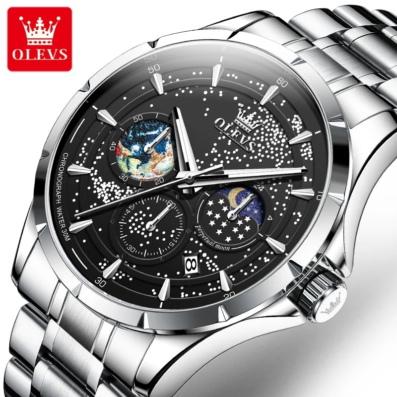 OLEVS 5538 Starry Sky Moon Phase Man Watch Chronograph Waterproof Auto Date Men Wristwatch Luxury Original Quartz Watch for Men