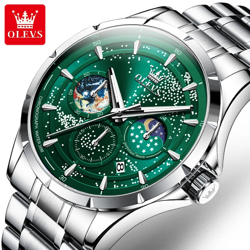 OLEVS 5538 Starry Sky Moon Phase Man Watch Chronograph Waterproof Auto Date Men Wristwatch Luxury Original Quartz Watch for Men