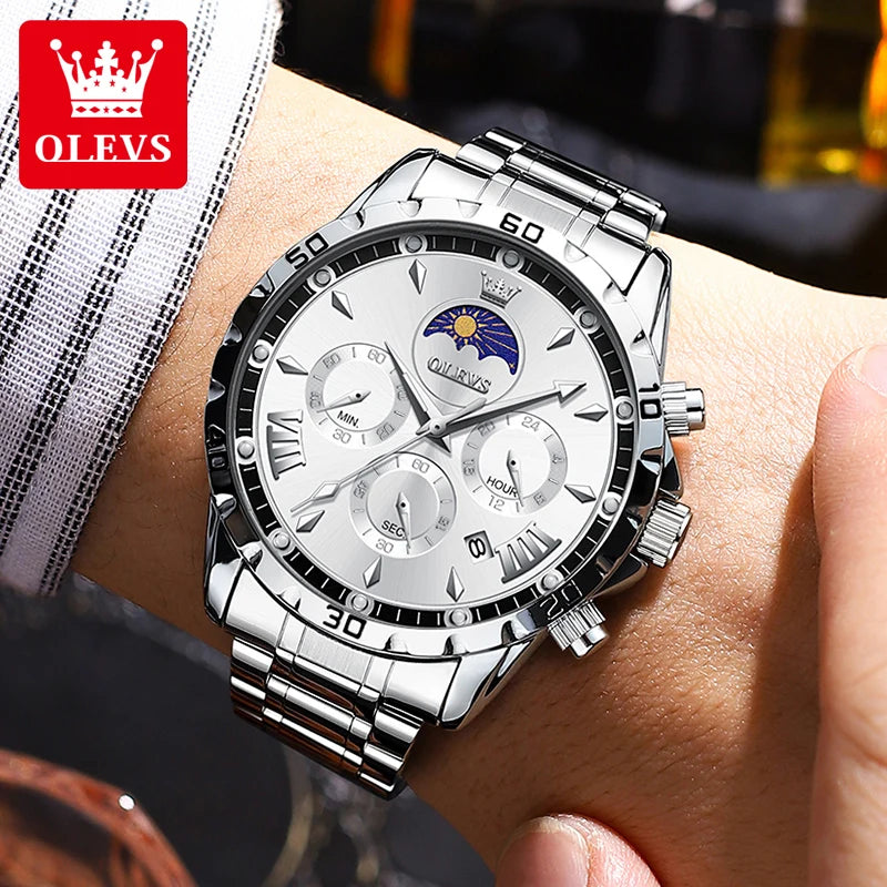 OLEVS 2949 Multi functional timing and calendar steel band men's quartz watch